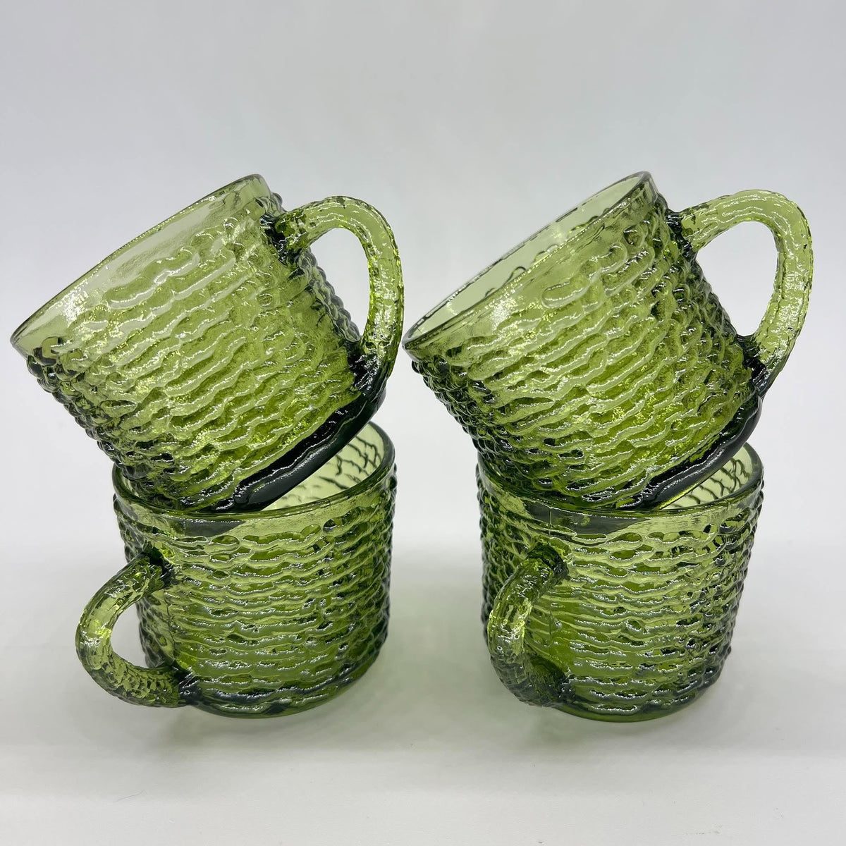 Vintage Anchor Hocking Soreno Avocado Green Punch Cups | Mid-Century Bark-Textured Glass