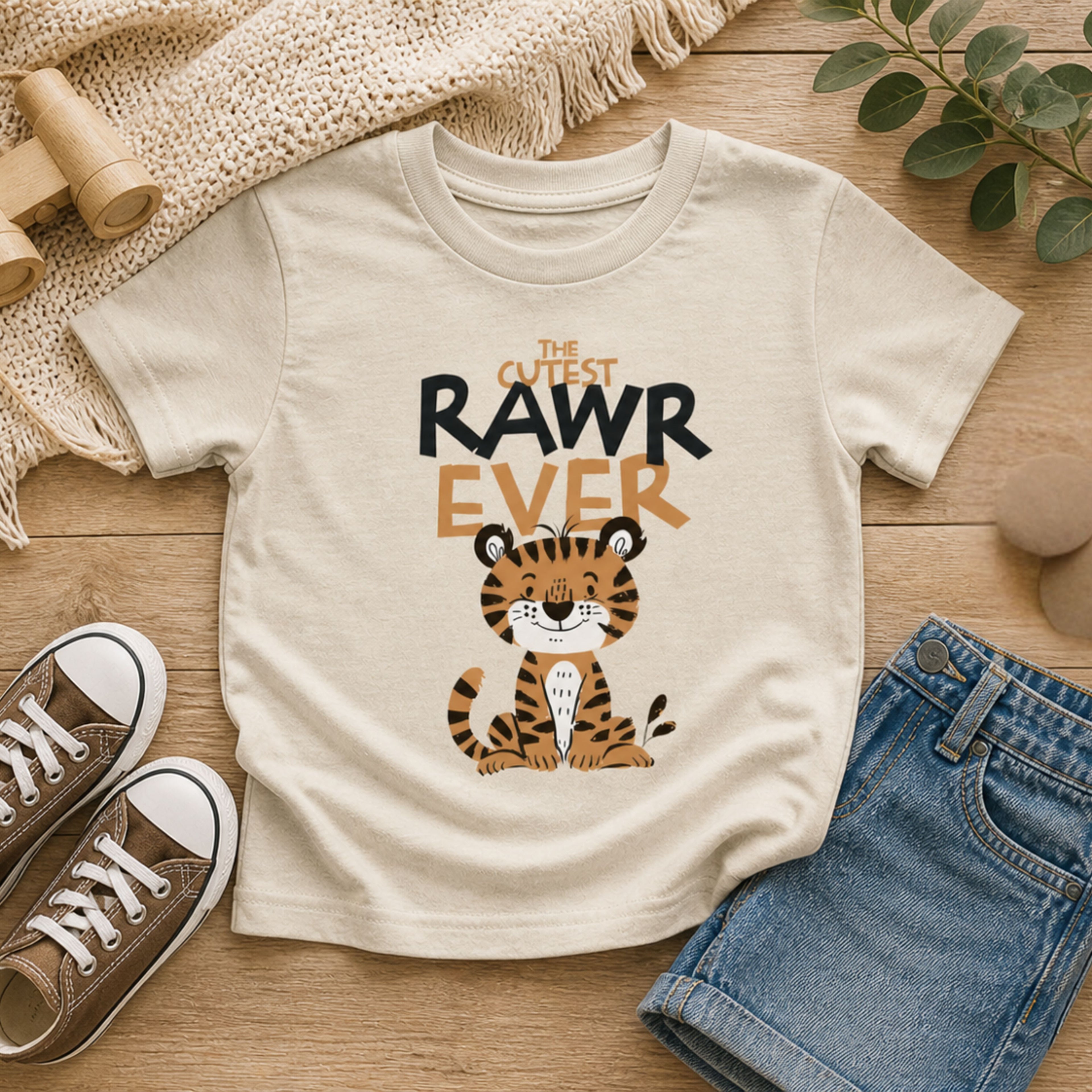 Beige toddler tee with playful tiger graphic and “Cutest RAWR Ever” lettering, styled with denim shorts, sneakers, and wooden toys for a cozy, adventure-inspired kids outfit flat lay.