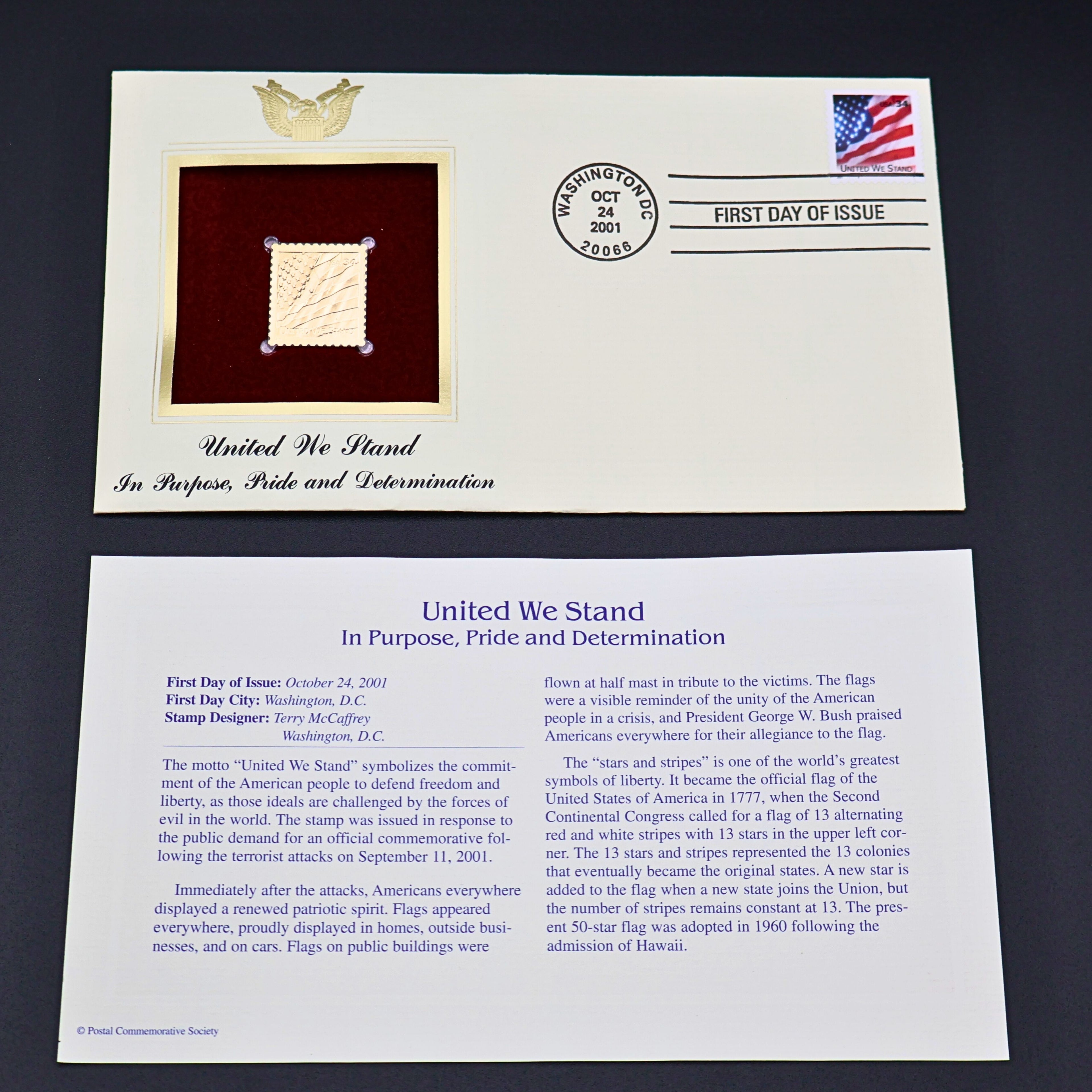Vintage 2001 United We Stand First Day Cover | 22kt Gold Stamp Replica | Postal Commemorative Society Collectible