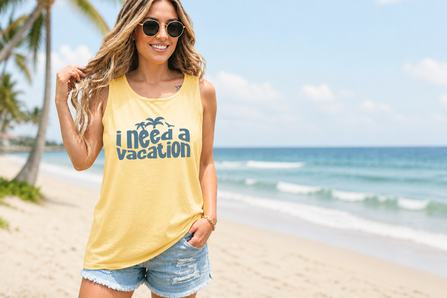 woman wearing butter yellow vacation tank top beach outfit summer coastal graphic tank top relaxed fit