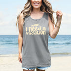 woman wearing granite gray vacation tank top relaxed fit summer beach outfit