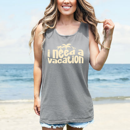 woman wearing granite gray vacation tank top relaxed fit summer beach outfit