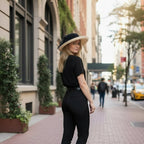 Woman wearing a vintage 1950s Geo W. Bollman tilt hat styled with a classic mid-century outfit