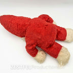 Rear flat lay view of vintage Santa Claus plush doll collectible in red plush suit with white trim. Mid century Rushton style Christmas toy perfect for retro holiday decor, nostalgic displays, and antique collectors.