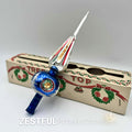 Vintage 1960s mercury glass Christmas tree topper with original box featuring blue handblown glass, silver accents, and retro mid century finial design for antique holiday decor collections.