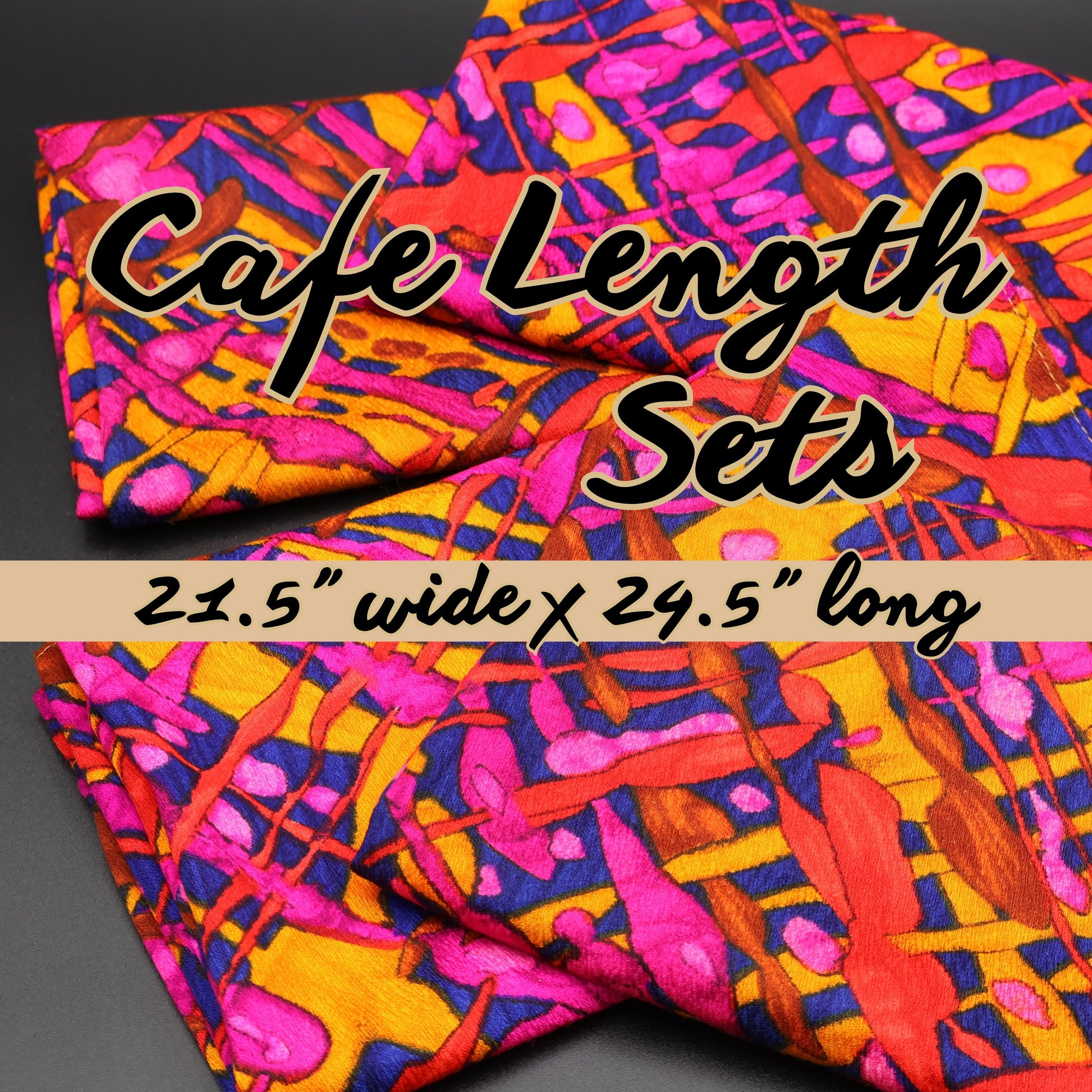 Pair of vintage 1970s cafe length curtain panels in bold abstract pink and orange print.