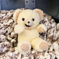 Vintage 1997 Snuggle Bear plush by Lever Brothers Company sitting upright with a smiling face and soft ivory sherpa fur. This original 10-inch fabric softener mascot makes a charming vintage advertising collectible, laundry room accent, nostalgic gift, or retro plush display.