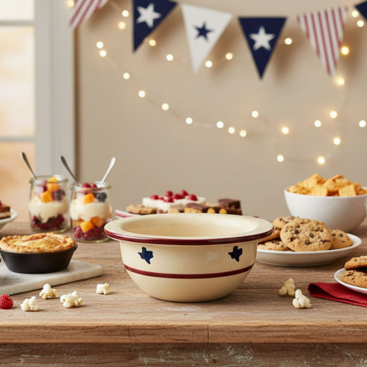 Decorative bowl with star pattern on a table with snacks and desserts, string lights, and a flag banner.