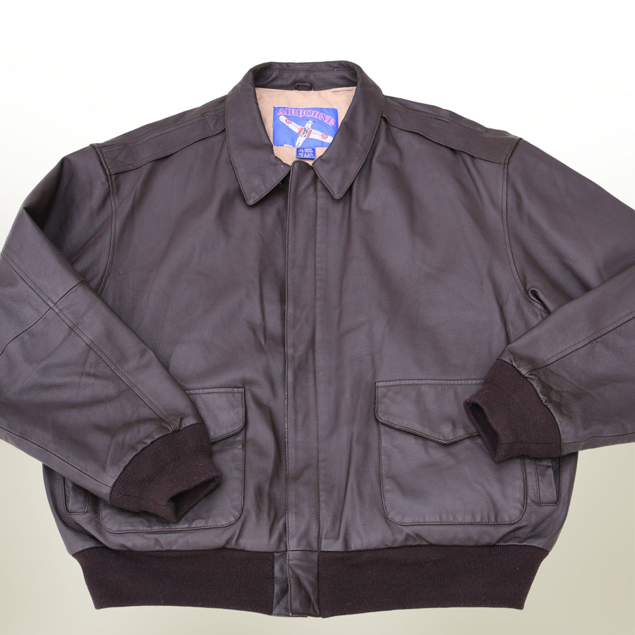 Front view of vintage Airborne brown leather A2 bomber jacket size XL