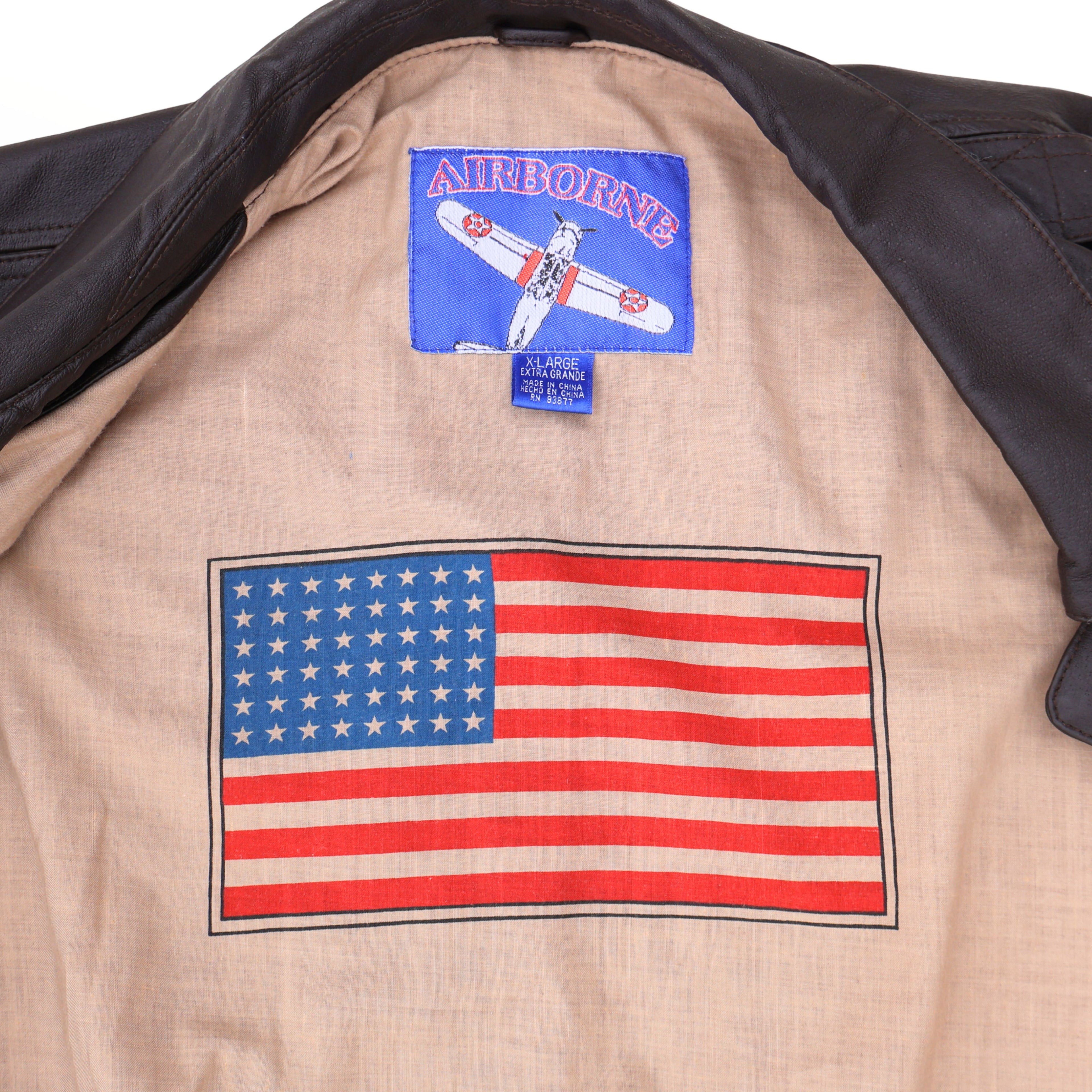 Vintage Airborne leather bomber jacket XL with American flag interior lining detail