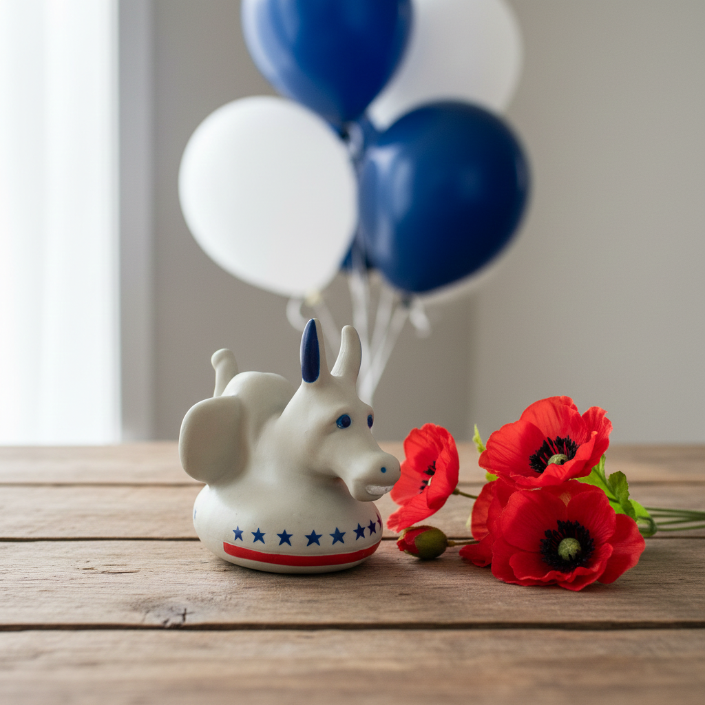 Vintage Americana political toy featuring combined Democrat donkey and Republican elephant design made of durable rubber, ASI 37170 squeeze toy collectible. Retro novelty item perfect for patriotic decor, political memorabilia collections, vintage toy displays and unique bipartisan themed gift ideas.