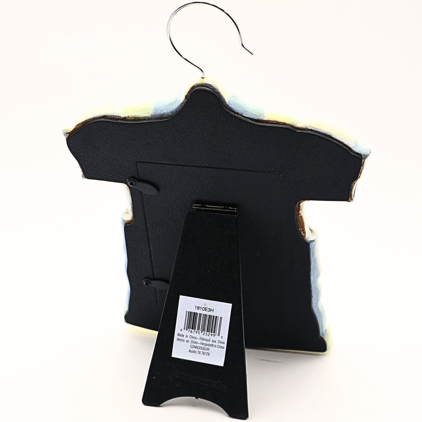 Rear view of vintage Heart & Home Connoisseur baby boy picture frame showing easel display back hanging hook and original label on flocked resin nursery decor frame