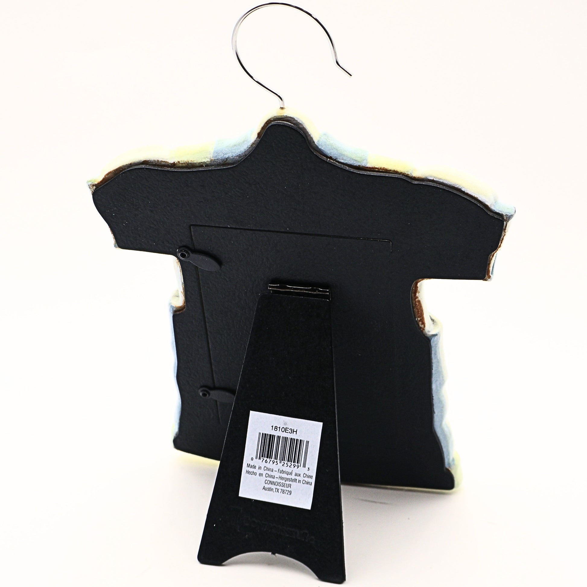 Rear view of vintage Heart & Home Connoisseur baby boy picture frame showing easel display back hanging hook and original label on flocked resin nursery decor frame