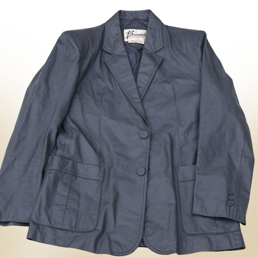 Vintage Berman’s gray leather blazer women’s size 40 front view with two-button closure and patch pockets.