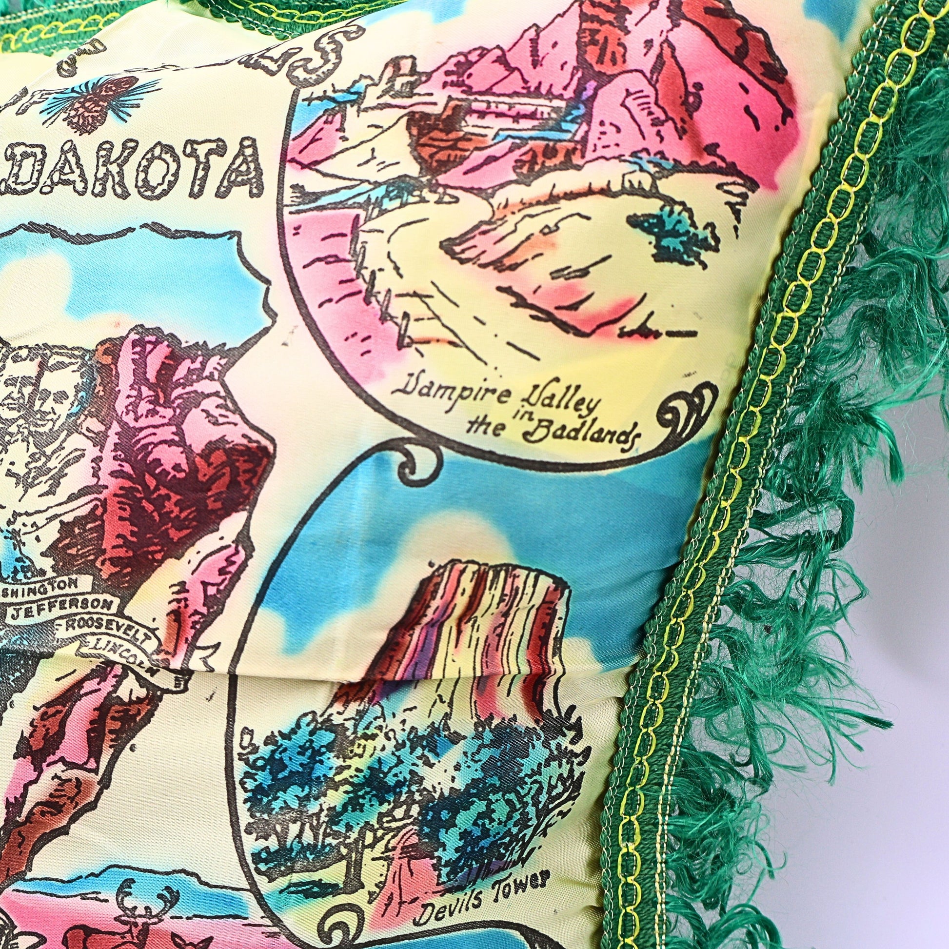 Vampire Valley in the Badlands and Devils Tower illustration on South Dakota souvenir pillowcase cover