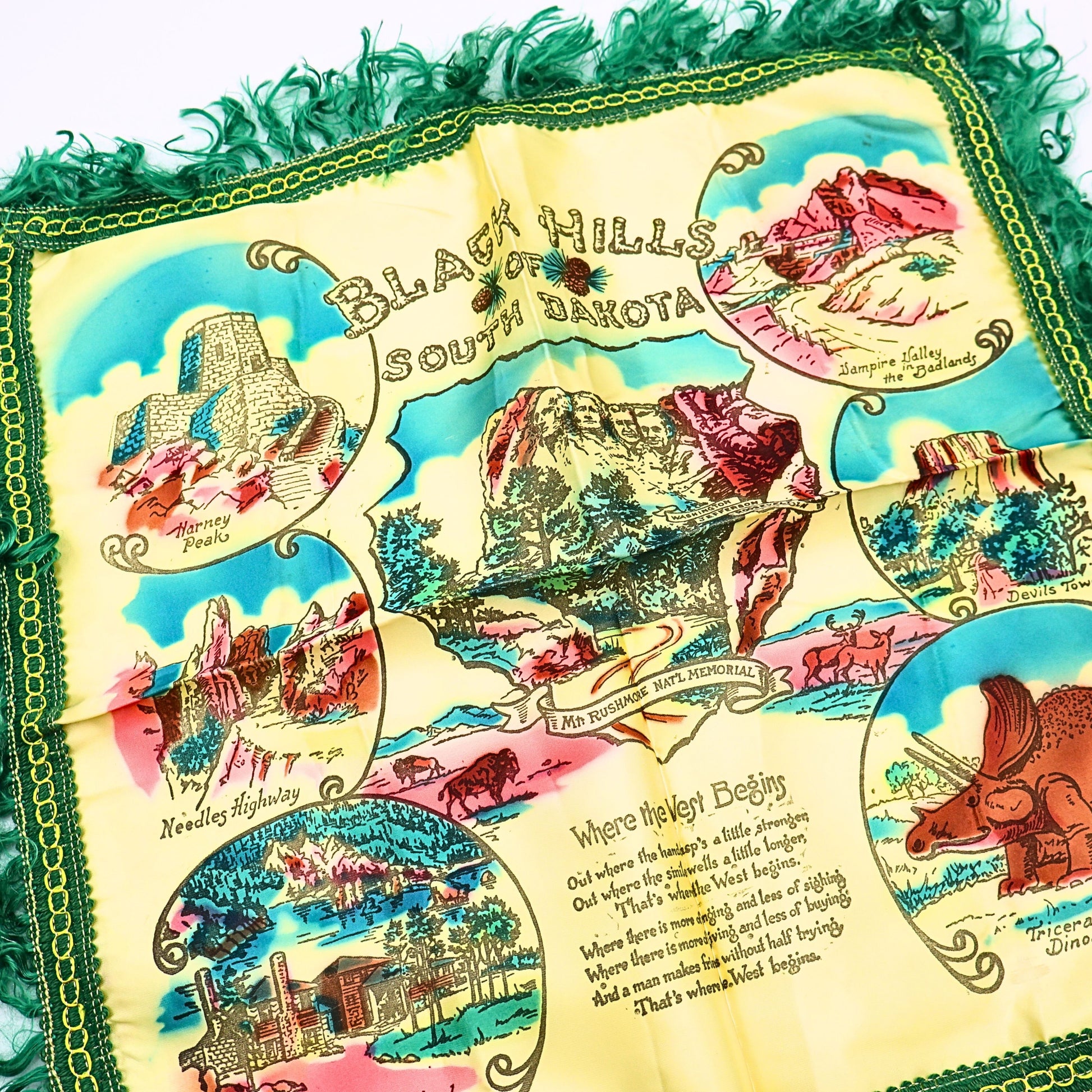 Flatlay front view of vintage Black Hills South Dakota souvenir pillowcase cover