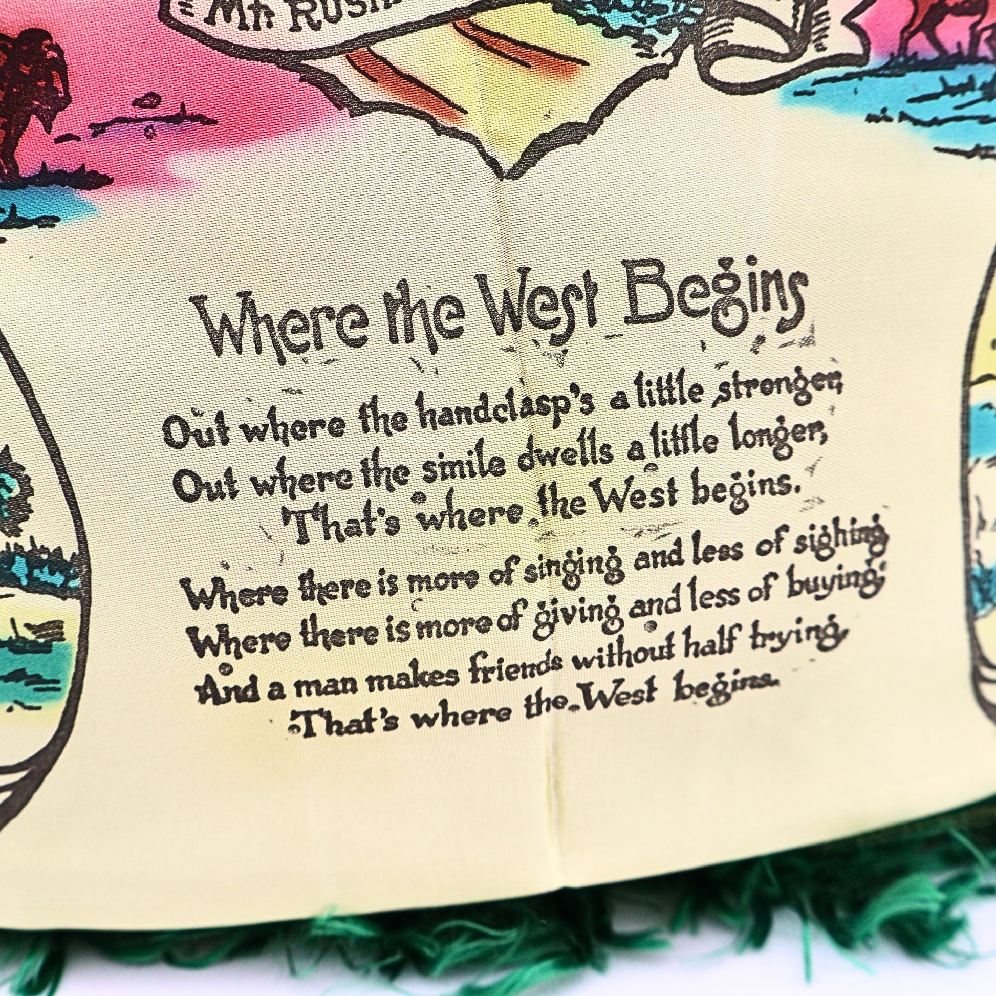 Front view of vintage Black Hills South Dakota souvenir pillowcase cover featuring Where the West Begins