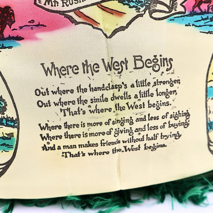 Front view of vintage Black Hills South Dakota souvenir pillowcase cover featuring Where the West Begins