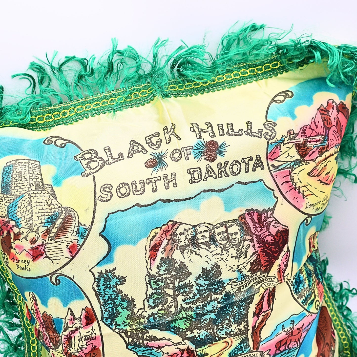 Green fringe detail on vintage South Dakota pillowcase cover