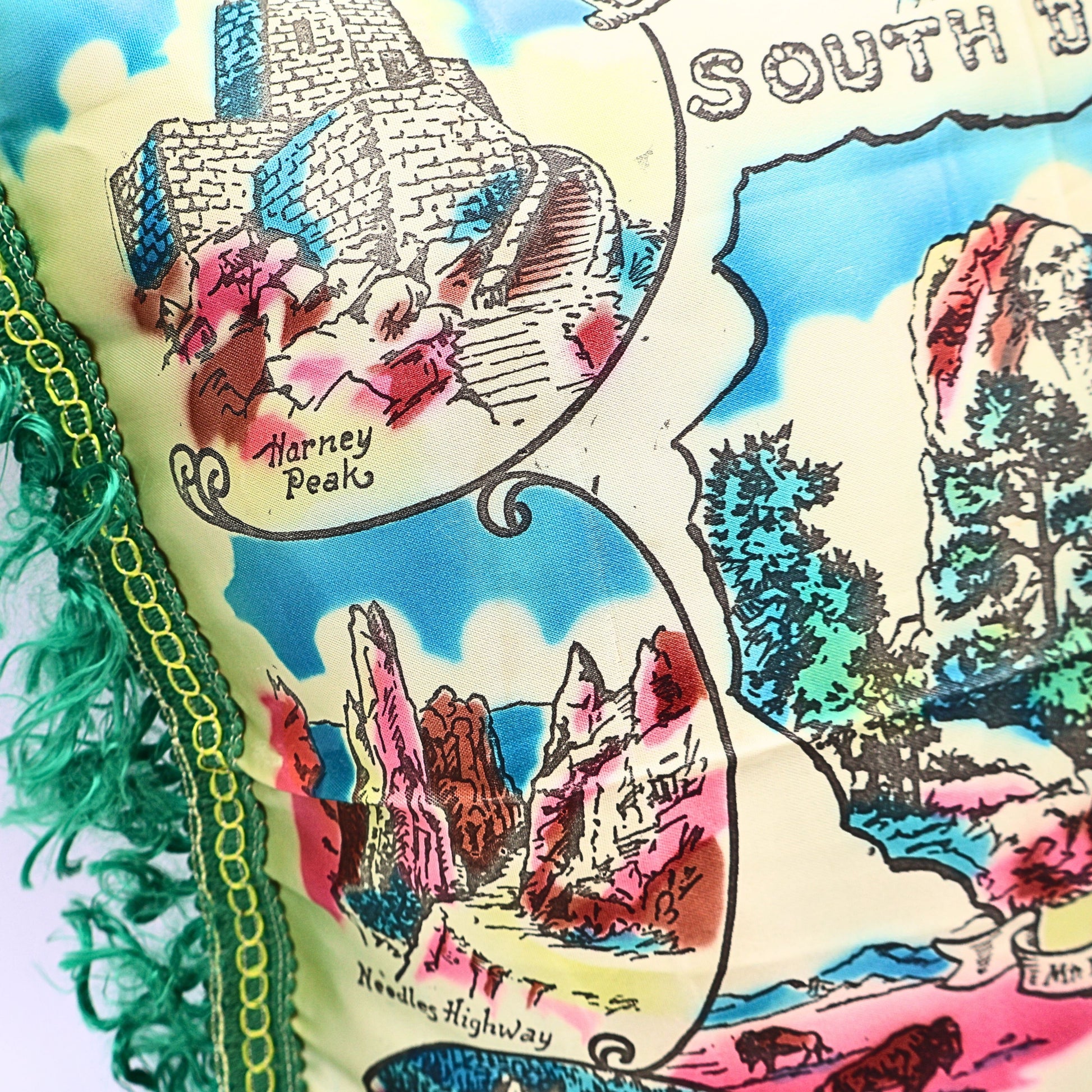 Harney Peak and Needles Highway illustration on South Dakota souvenir pillowcase cover