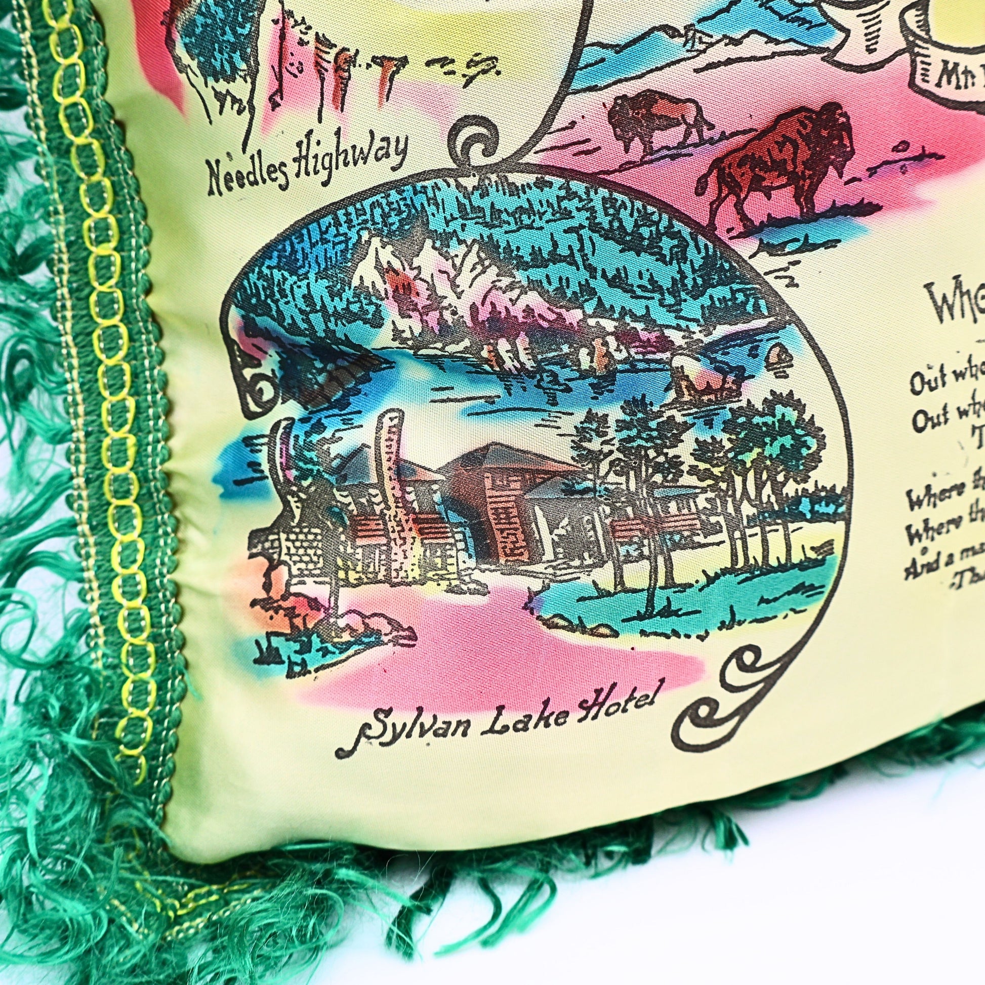 Sylvan Lake Hotel illustration on South Dakota souvenir pillowcase cover