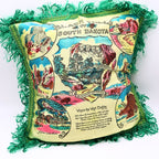 Vintage Black Hills South Dakota souvenir pillowcase cover with illustrated landmarks and green fringe