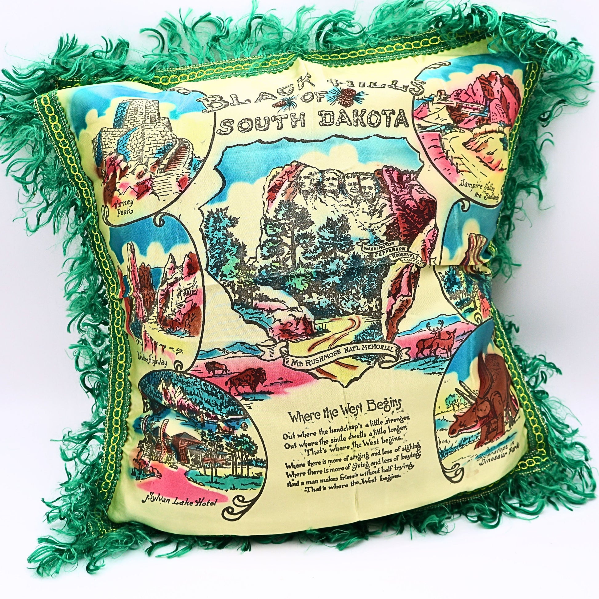 Vintage Black Hills South Dakota souvenir pillowcase cover with illustrated landmarks and green fringe