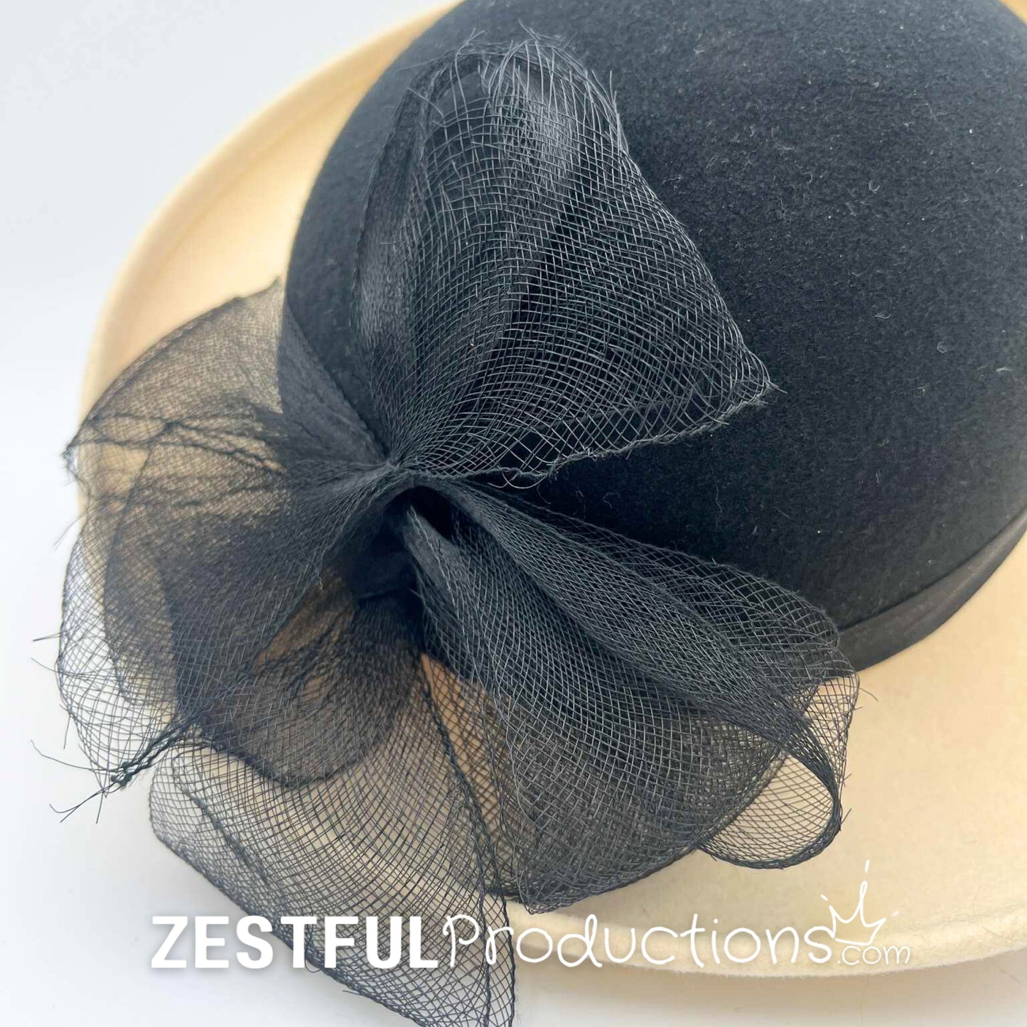 Close-up detail of black net bow on a vintage Geo W. Bollman tilt hat from the 1950s