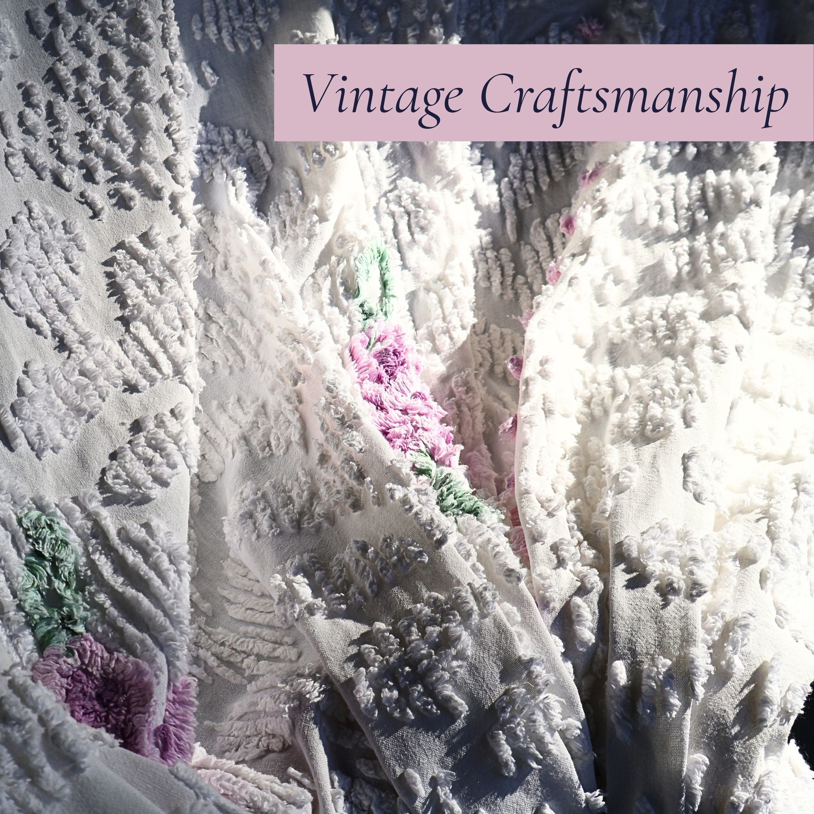 Artistic close-up showcasing the hand-crafted chenille texture and lavender floral details on this vintage white bedspread. A beautiful heirloom textile for cottagecore decor, farmhouse bedrooms, romantic home styling, and collectors of vintage linens.