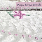 Close-up of the decorative lavender border on a vintage white chenille bedspread featuring raised chenille texture and delicate stitched accents. This heirloom textile complements cottage bedroom decor, farmhouse interiors, shabby chic decorating, and vintage home collections.