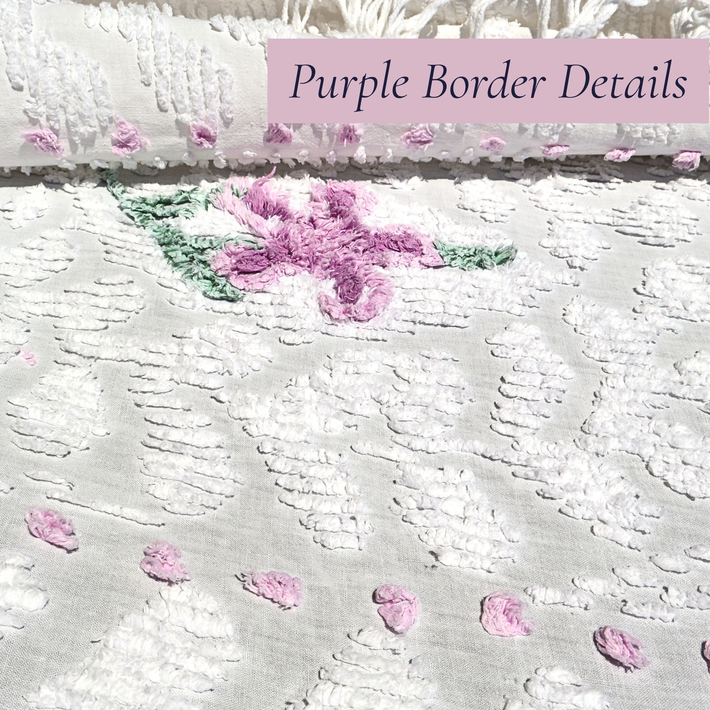 Close-up of the decorative lavender border on a vintage white chenille bedspread featuring raised chenille texture and delicate stitched accents. This heirloom textile complements cottage bedroom decor, farmhouse interiors, shabby chic decorating, and vintage home collections.