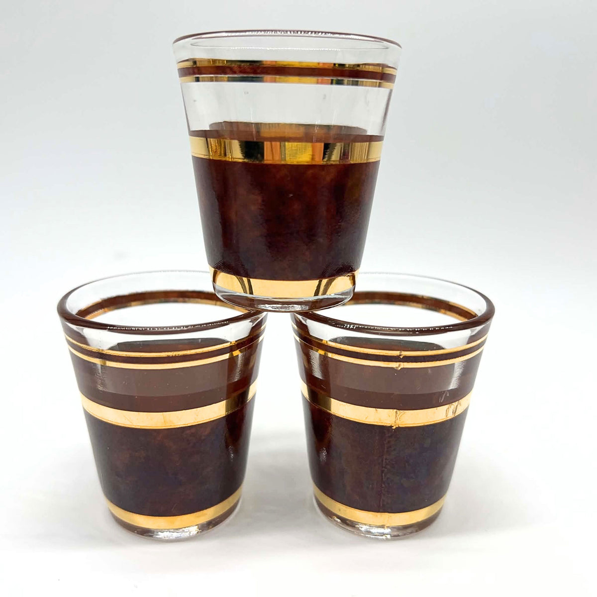Vintage Culver Tortoiseshell Shot Glasses | Brown & Gold Hollywood Regency Barware