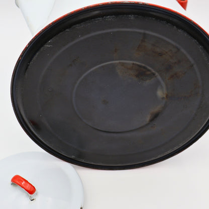 Large white and red enamel coffee kettle with lid removed, rustic western farmhouse decor