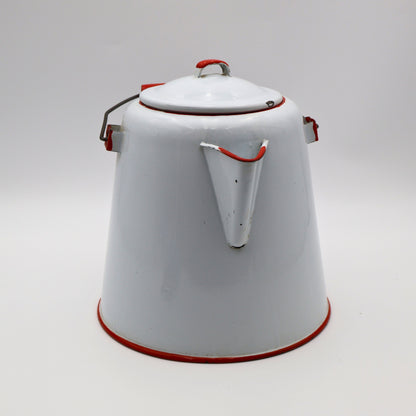 Side view of vintage enamel coffee pot showing red trimmed spout and classic ranch styling