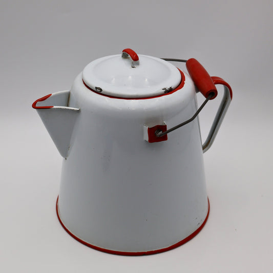 Large vintage white and red enamel coffee pot kettle with metal handle and lid, western cowboy campfire cookware