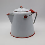Vintage enamelware coffee kettle in white with red trim, rustic ranch kitchen decor piece