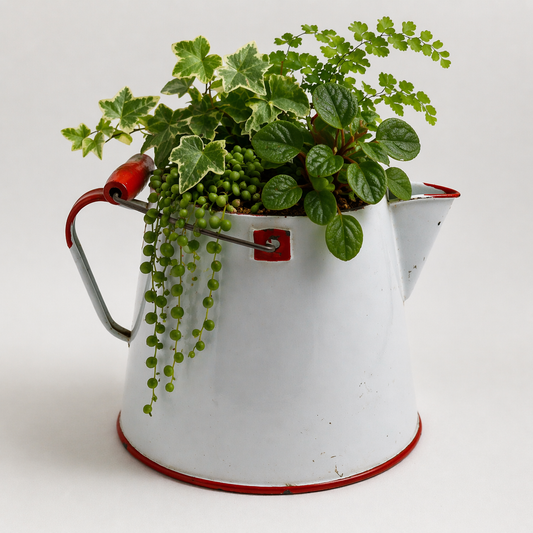 White enamel teapot with red rim and handle filled with green plants on a white background