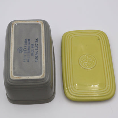 Open vintage GE refrigerator dish with lid showing makers mark and mid century design.