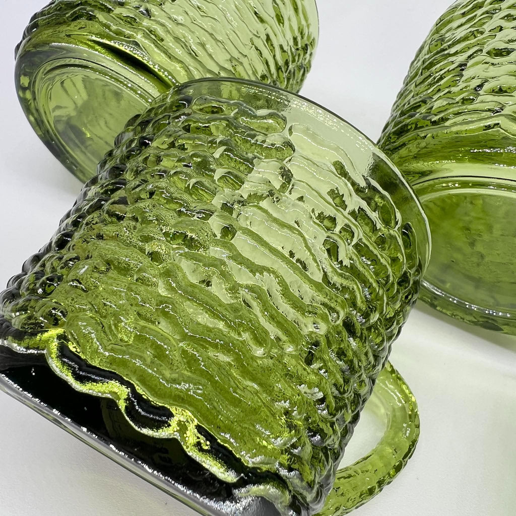 Vintage Anchor Hocking Soreno Avocado Green Punch Cups | Mid-Century Bark-Textured Glass