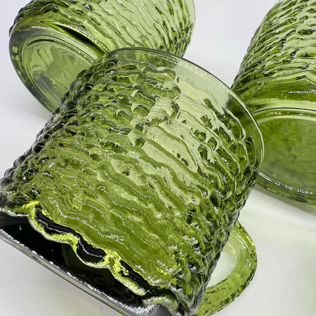 Vintage Anchor Hocking Soreno Avocado Green Punch Cups | Mid-Century Bark-Textured Glass