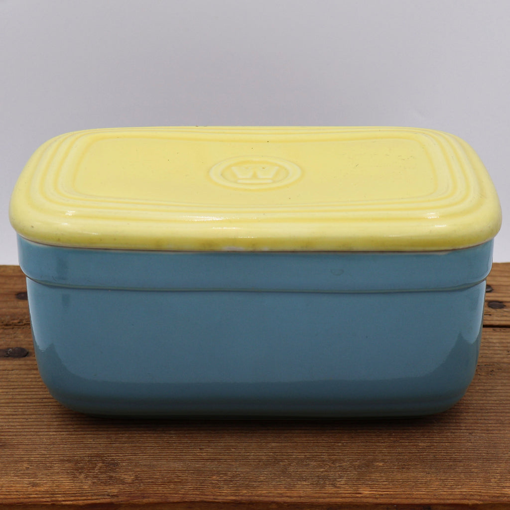 Vintage Hall China Westinghouse refrigerator dish in blue with butter yellow lid, mid century 1950s lidded storage container.