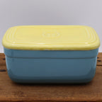 Vintage Hall China Westinghouse refrigerator dish in blue with butter yellow lid, mid century 1950s lidded storage container.