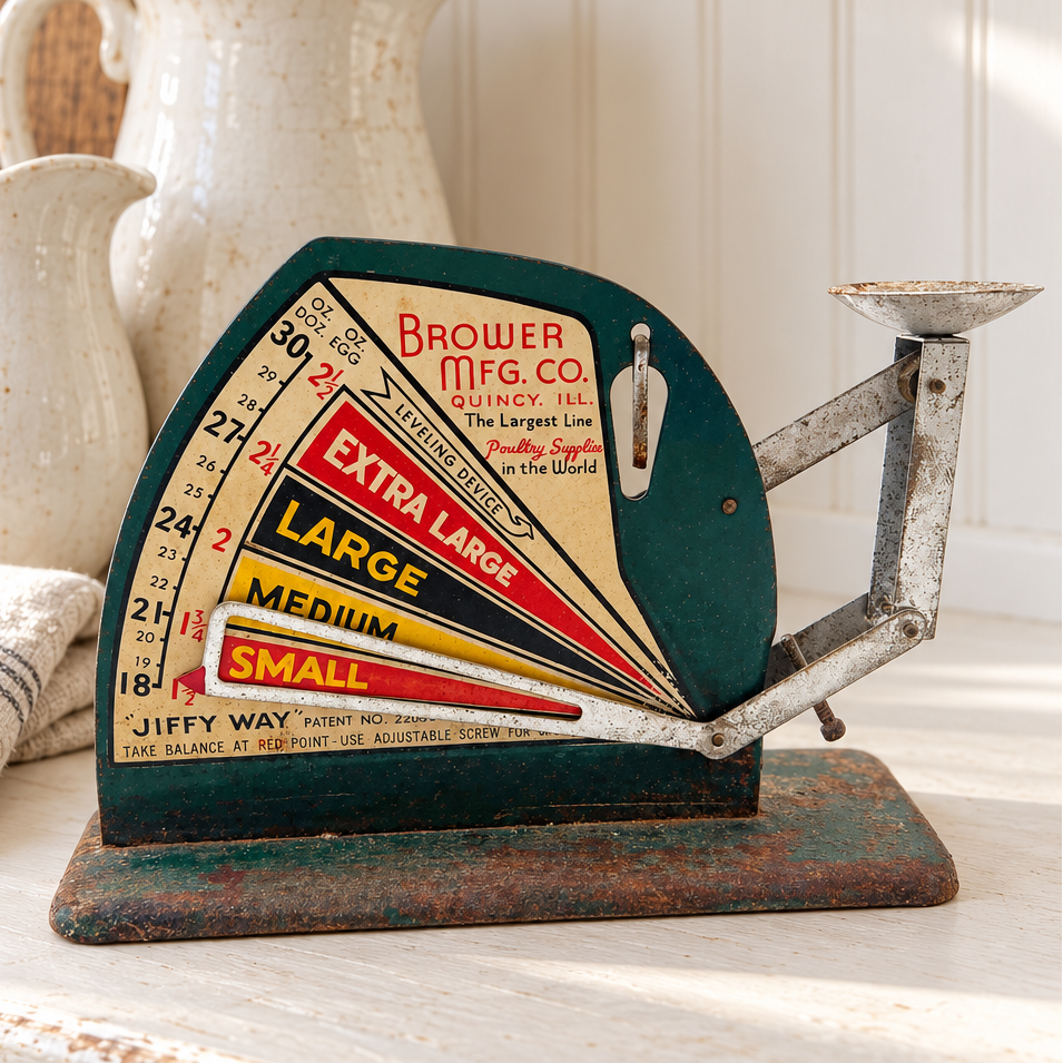 Vintage green Jiffy-Way egg scale with colorful Brower graphics and a rusted metal base displayed on a white kitchen hutch. White ceramic pitchers, stacked dishes, a worn wooden board and folded linen create a bright, collected setting in soft daylight.