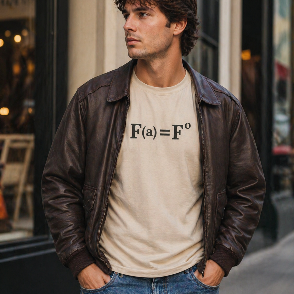 Man wearing vintage brown leather jacket layered over beige graphic t-shirt with F(a)=F° design, styled with denim for a casual modern mens outfit