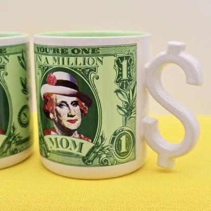 Close up of vintage Mom coffee mug with one in a million design and dollar sign handle