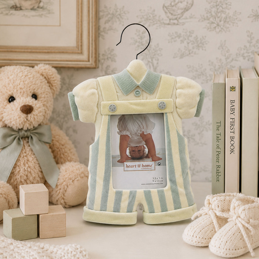 Vintage Baby Boy Picture Frame Nursery Decor with pastel yellow and light blue romper design flocked resin finish and 3.5x5 photo opening by Heart & Home Connoisseur on white background