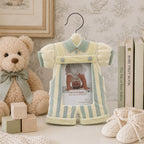 Vintage Baby Boy Picture Frame Nursery Decor with pastel yellow and light blue romper design flocked resin finish and 3.5x5 photo opening by Heart & Home Connoisseur on white background