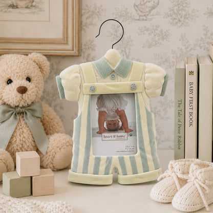 Vintage Baby Boy Picture Frame Nursery Decor with pastel yellow and light blue romper design flocked resin finish and 3.5x5 photo opening by Heart & Home Connoisseur on white background