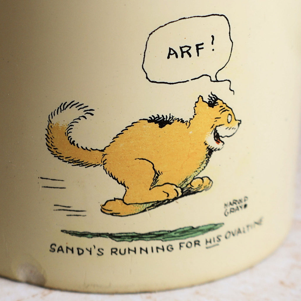 Detailed close-up of Sandy the dog illustration on this collectible Harold Gray Ovaltine advertising mug.