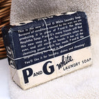 Reverse side of an authentic P&G White Laundry Soap bar featuring the original wartime wrapper text explaining the temporary replacement of White Naphtha Soap during World War II. A fascinating Procter & Gamble advertising collectible for vintage soap collectors, historians, and Americana displays.